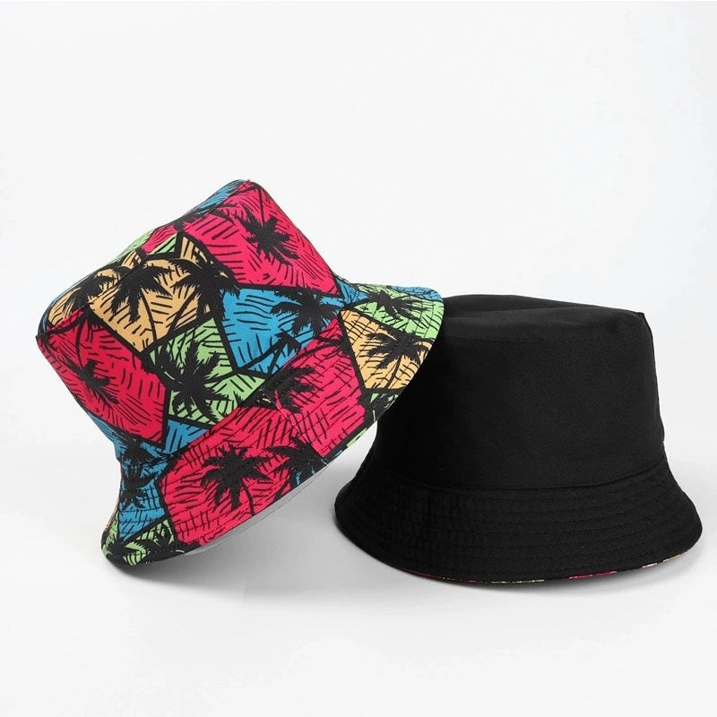 Women's Hawaiian Vacation Human Animal Coconut Tree Printing Painted Wide Eaves Bucket Hat