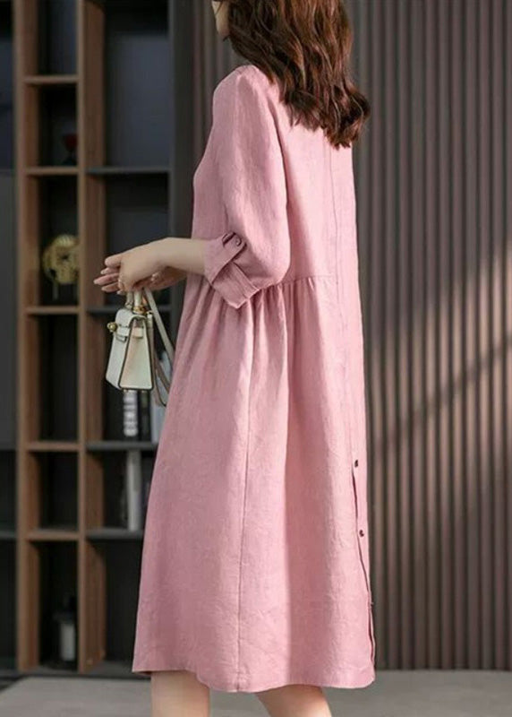 Casual Pink Peter Pan Collar Button Wrinkled Cotton Maxi Dresses Long Sleeve Fall