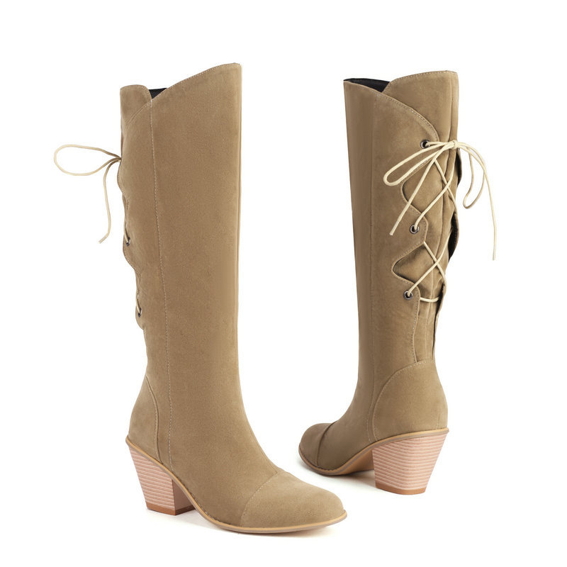 Patchwork Lace Up Round Toe Chunky Heels Knee High Boots