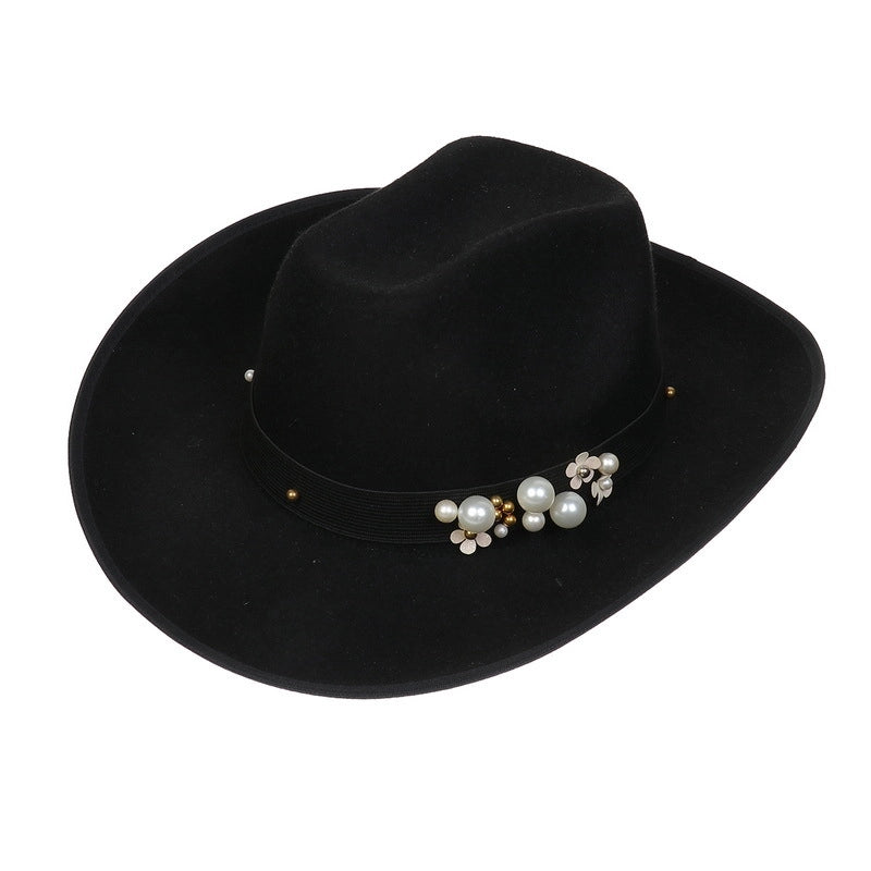 New Woolen Hat Western Denim Top Hat Men And Women Couple Hat Big Brim Curling Felt Hat