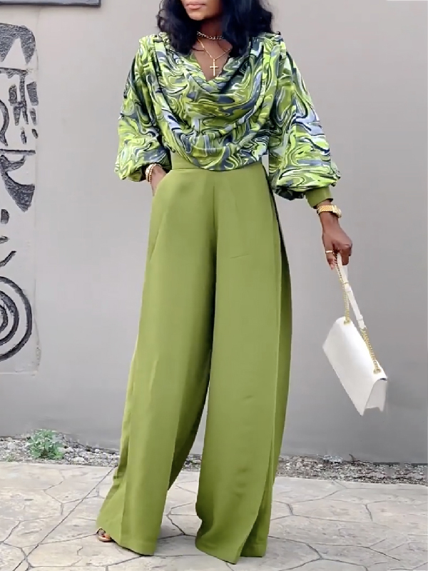 Long Sleeves Printed Heaps Collar Shirts Top + High Waisted Pants Bottom Two Pieces Set