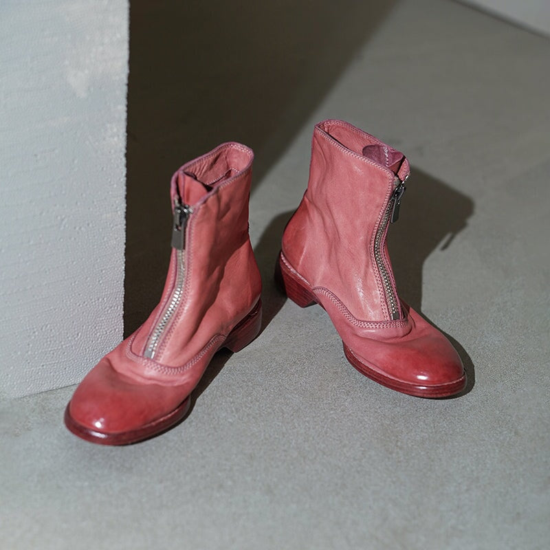 Washed Horse Leather Ankle Boots Front Zip Short Boots For Women in Black/Pink/Red/Grey
