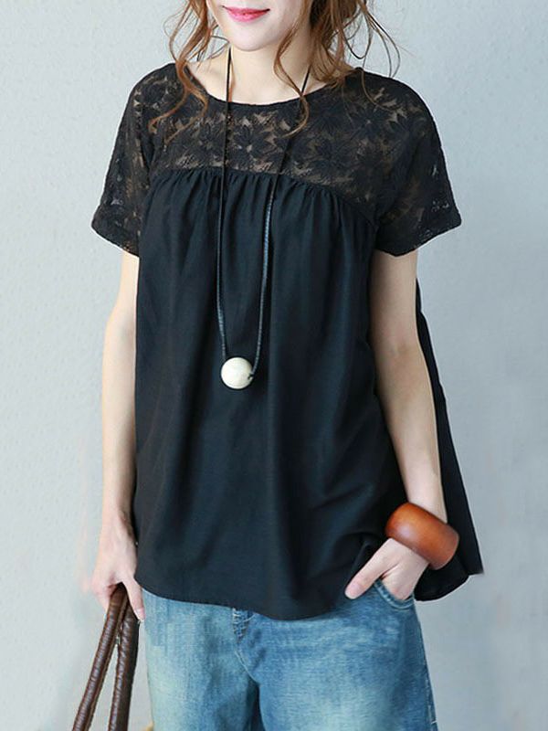 Vintage Solid Color Split-Joint Pleated Embroidered Hollow Lace Round-Neck Short Sleeves T-Shirt