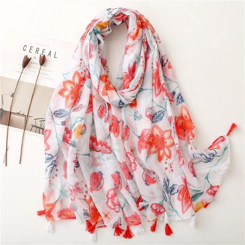 Yarn Cotton Fruit Green Bright Yellow Leaf Printing Tassel Scarf Shawl