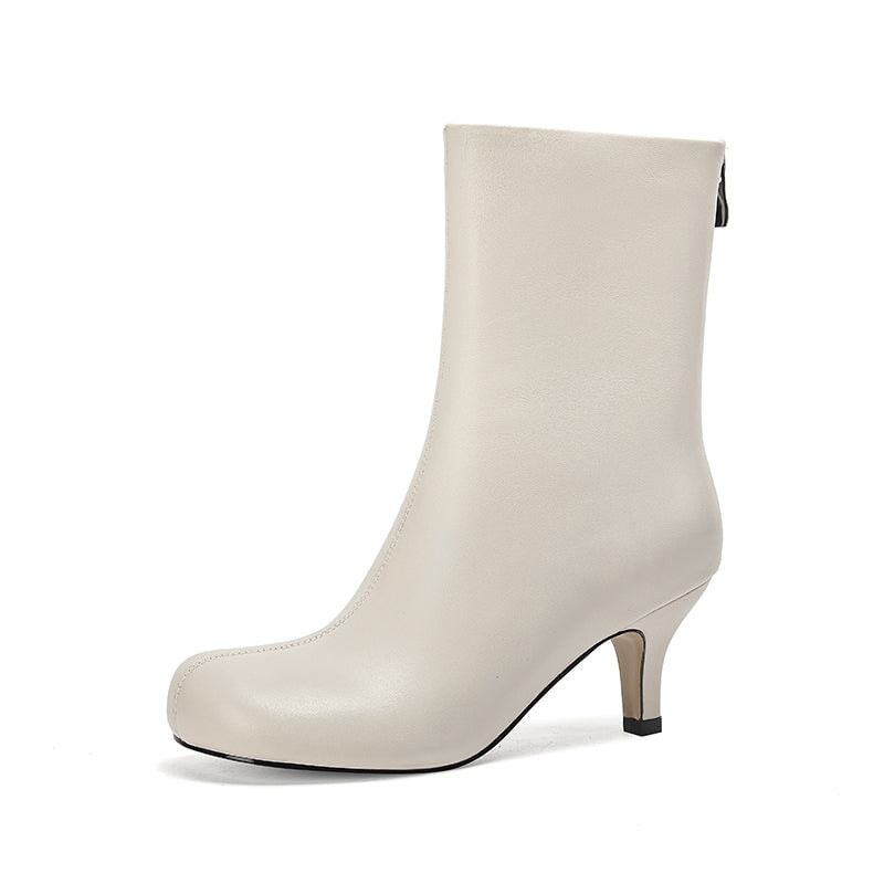 Leather Kitten Heel Ankle Boots Elegant Glove-Like Slimming Boots Back Zipper Boots