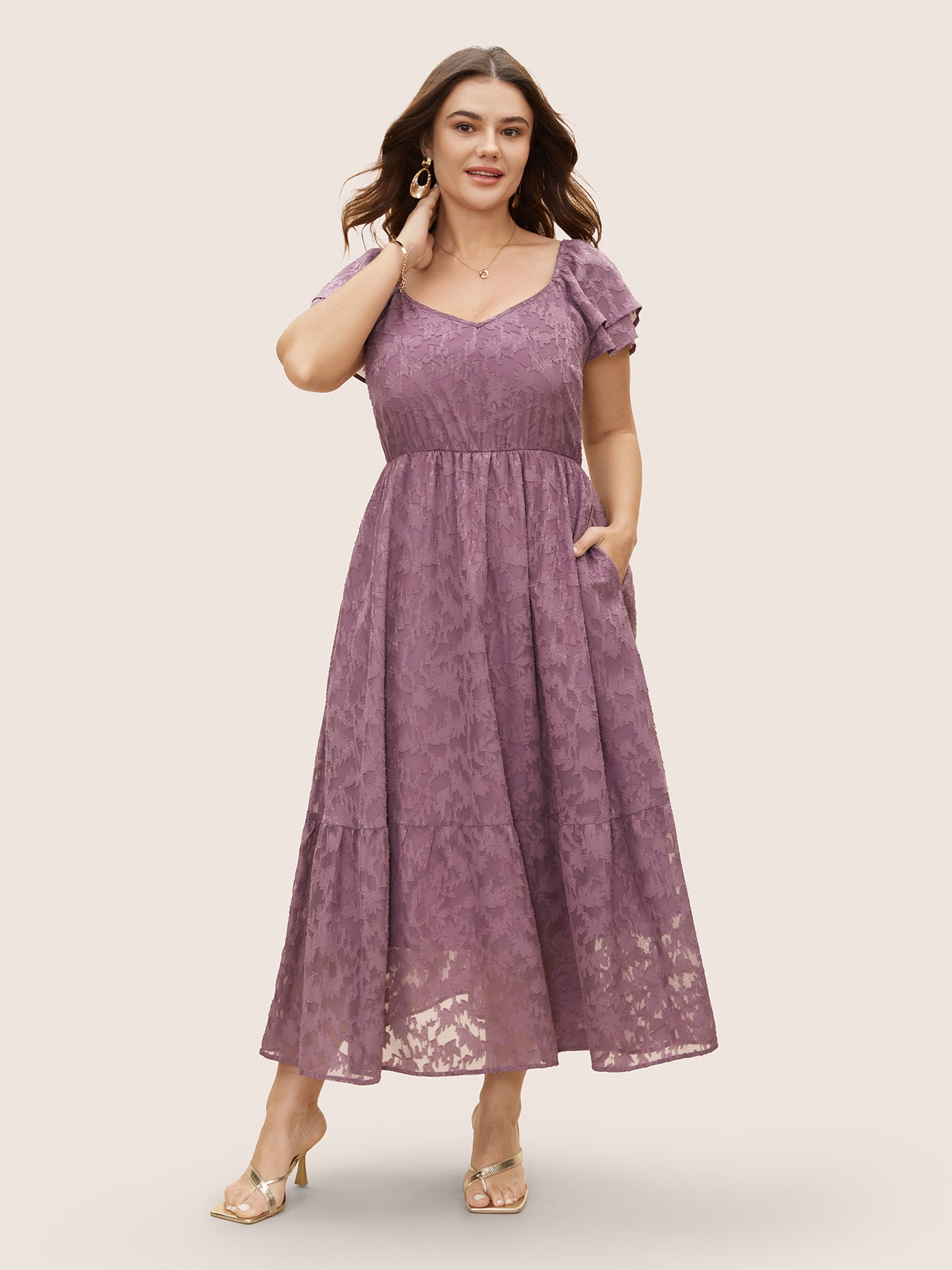 Heart Neckline Jacquard Tiered Ruffle Sleeve Dress
