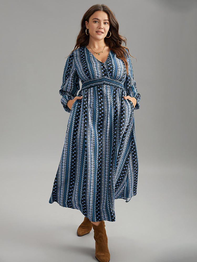 Bandana Print Wrap Shirred Dress