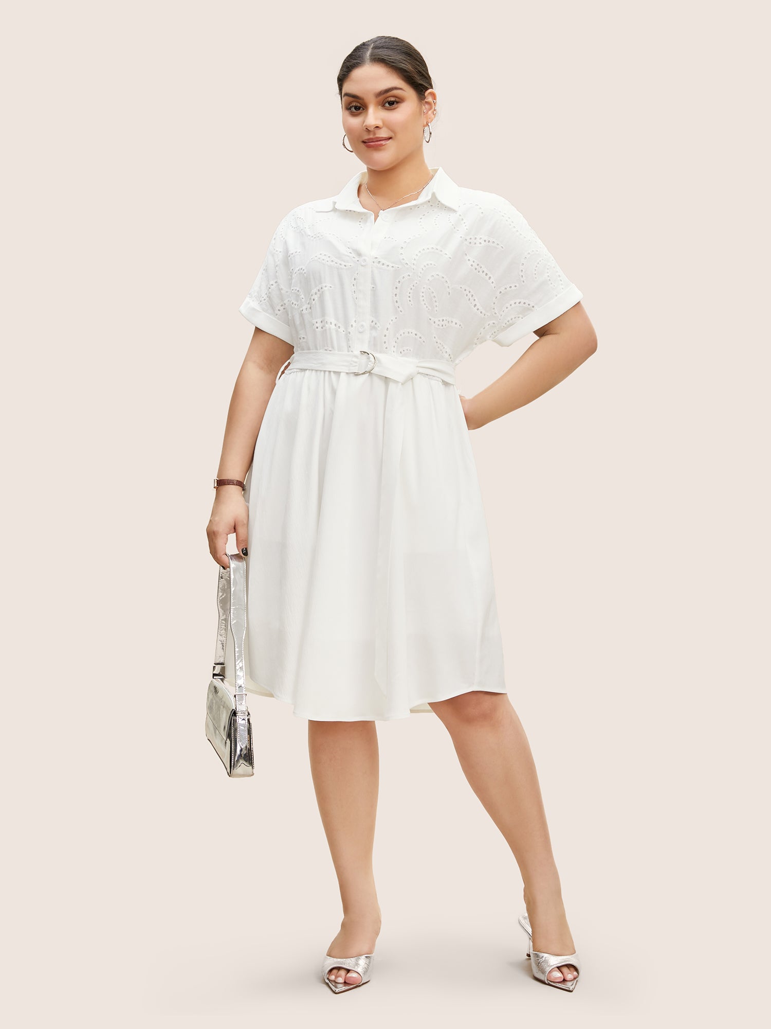 Broderie Anglaise Shirt Collar Belted Dress