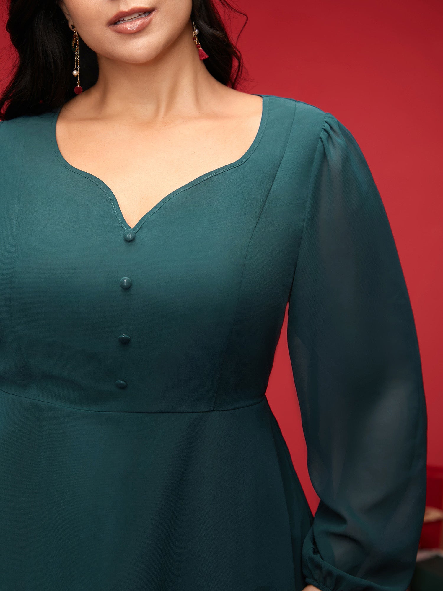 Puff Sleeves Front Placket Chiffon Blouse