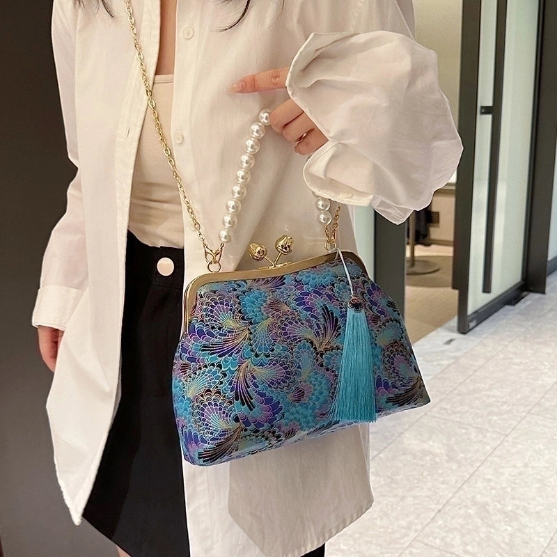 Women's Cloth Flower Elegant Pearls Sewing Thread Shell Clasp Frame Shoulder Bag