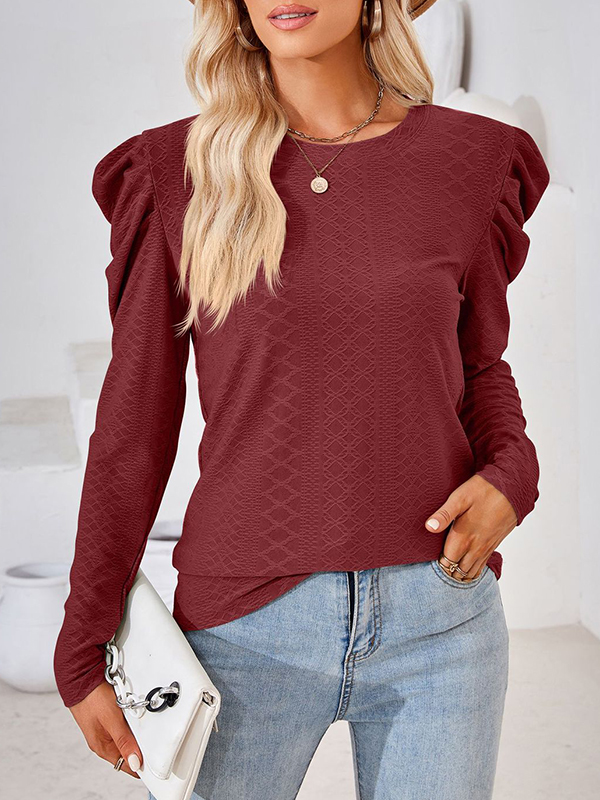 Long Sleeves Loose Pleated Solid Color Round-Neck T-Shirts Tops