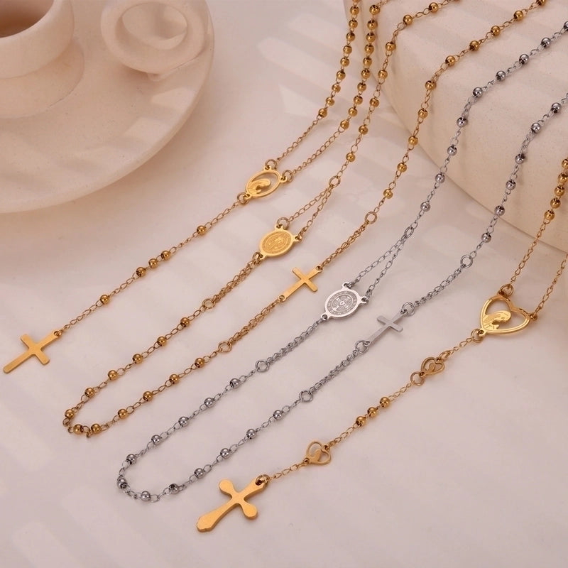 304 Stainless Steel 18K Gold Plated Casual Retro Minimalist Plating Cross Round Heart Shape Long Necklace