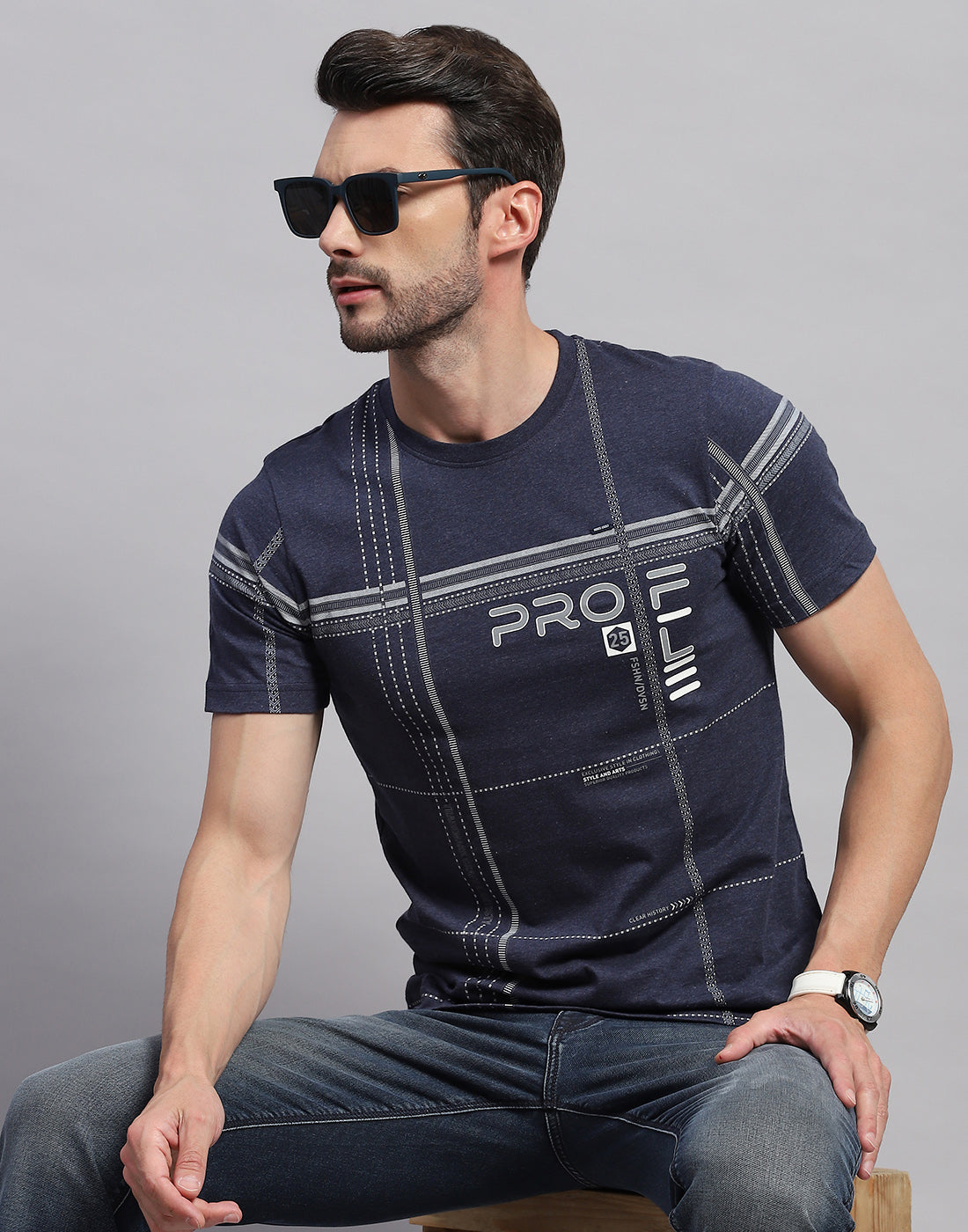 Men Navy Blue Printed Round Neck Half Sleeve T-Shirt