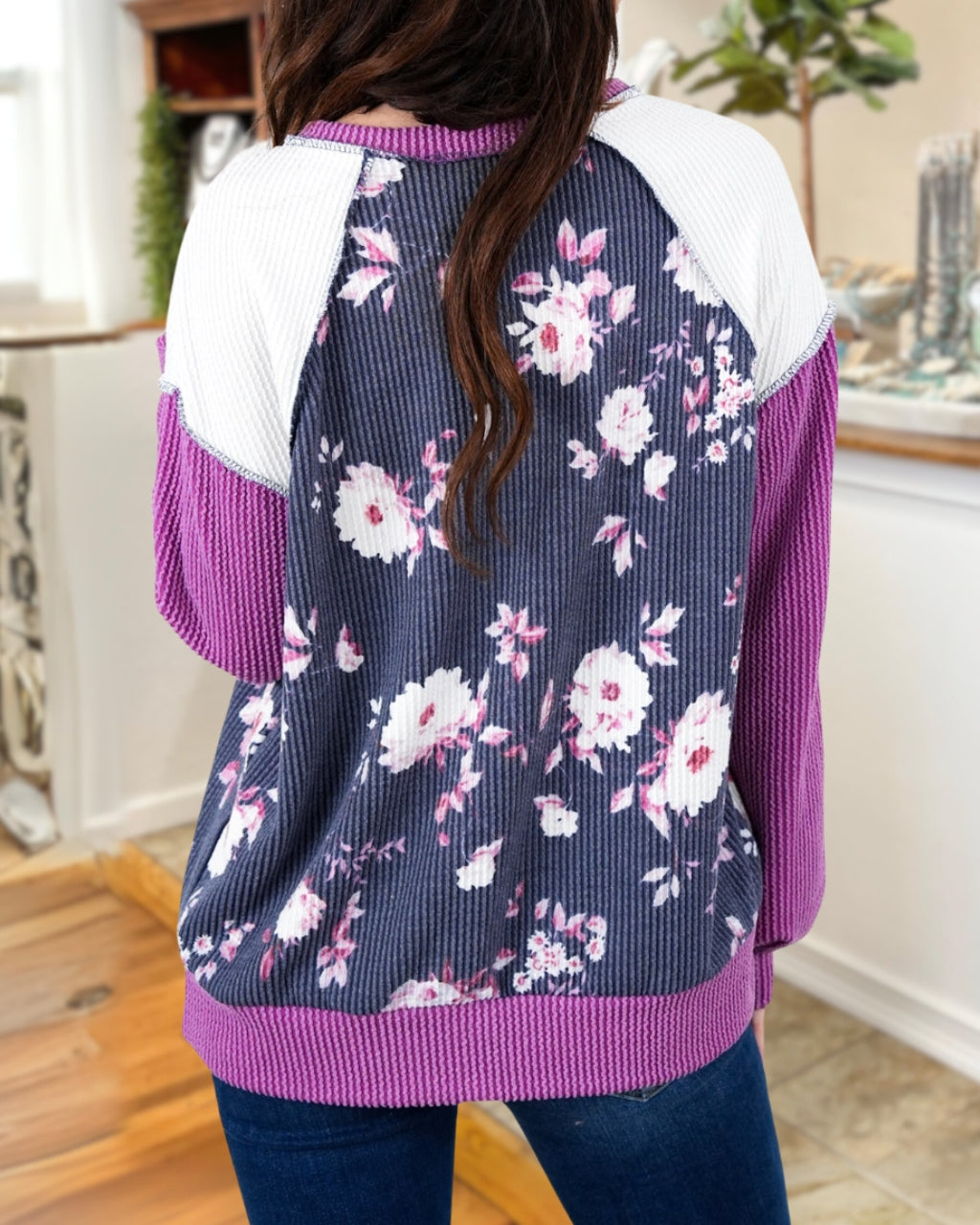 Twisted Ribbed Floral Pullover