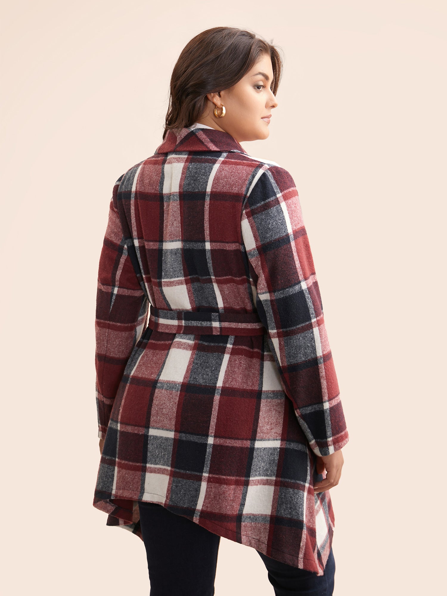 Plaid Asymmetrical Hem Belted Coat