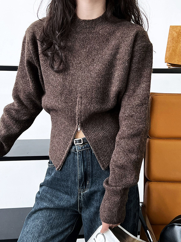 Long Sleeves Loose Solid Color Zipper Mock Neck Pullovers Sweater Tops