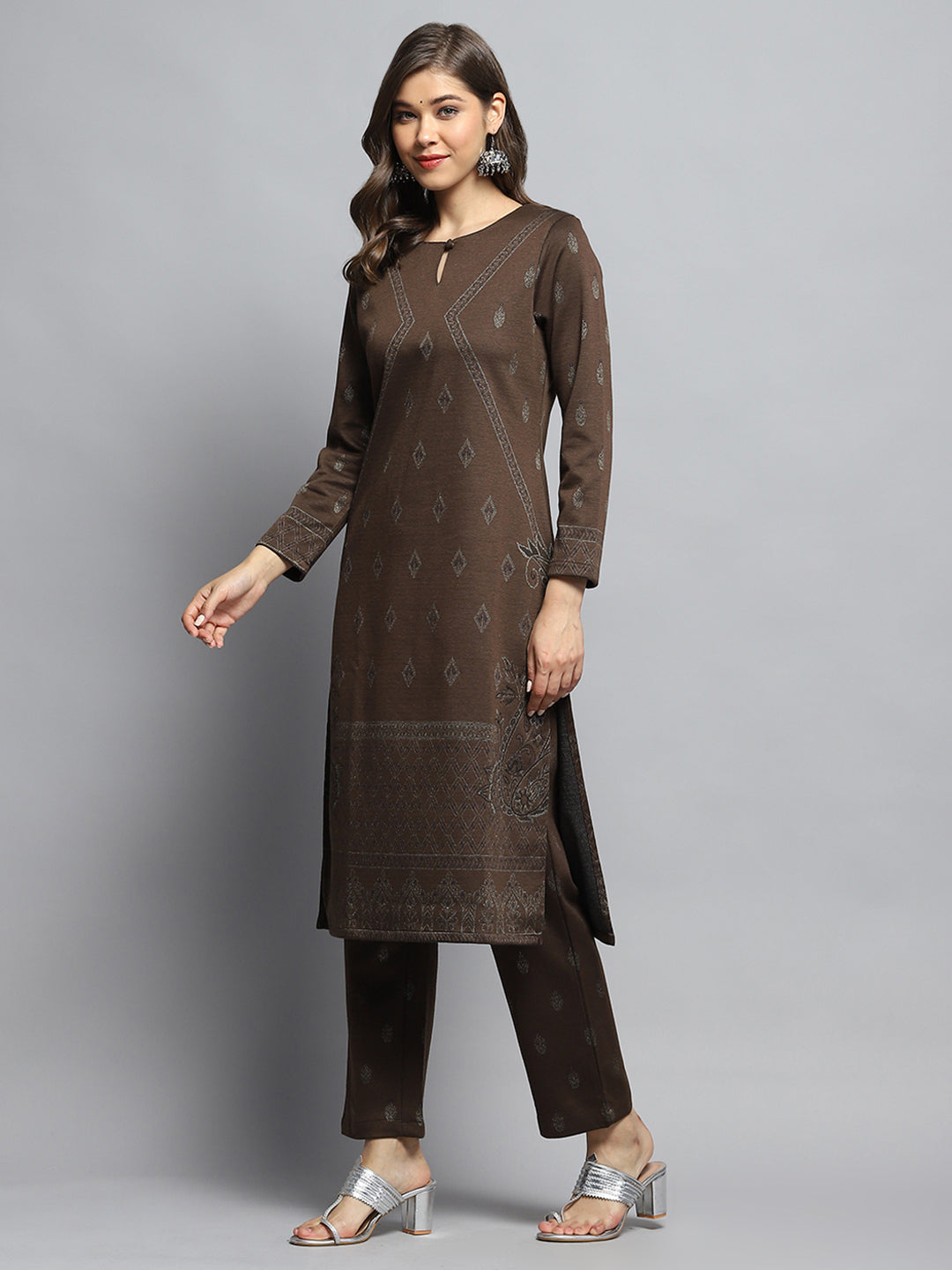 Women Brown Self Design Round Neck Full Sleeve Kurti Set