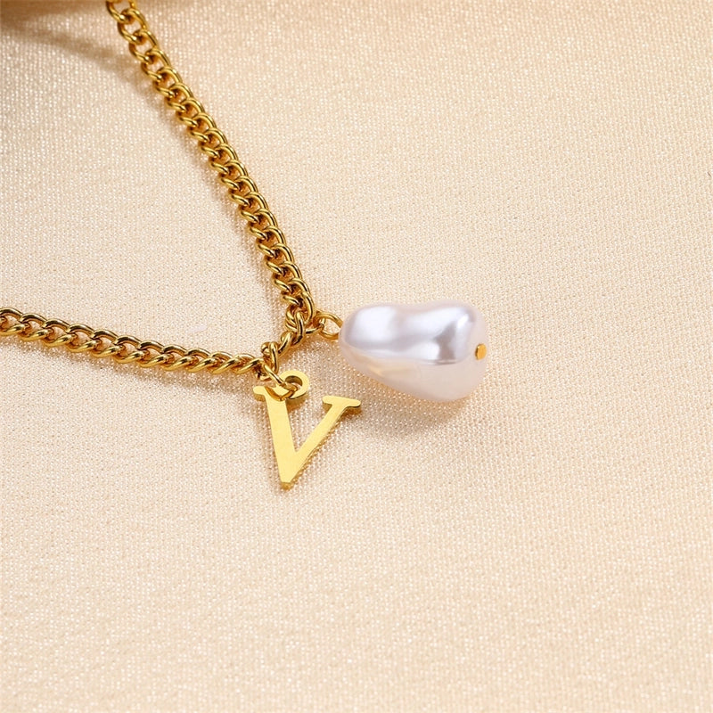 304 Stainless Steel Titanium Steel IG Style Minimalist Pearl Letter Pendant Necklace