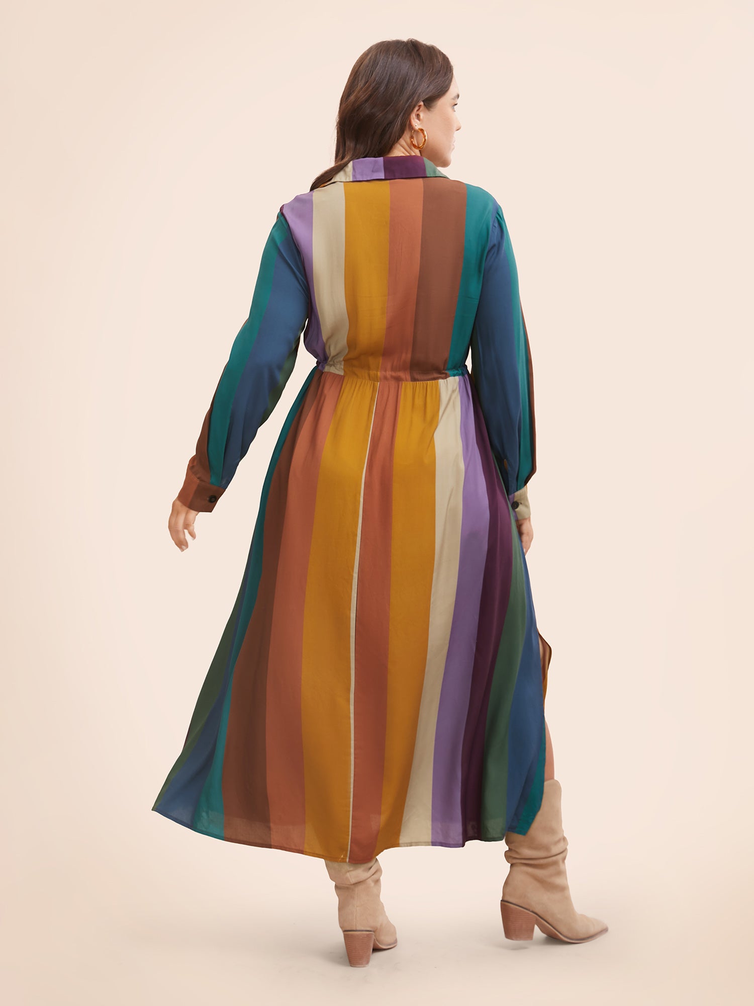 Colorblock Contrast Shirt Collar Drawstring Dress