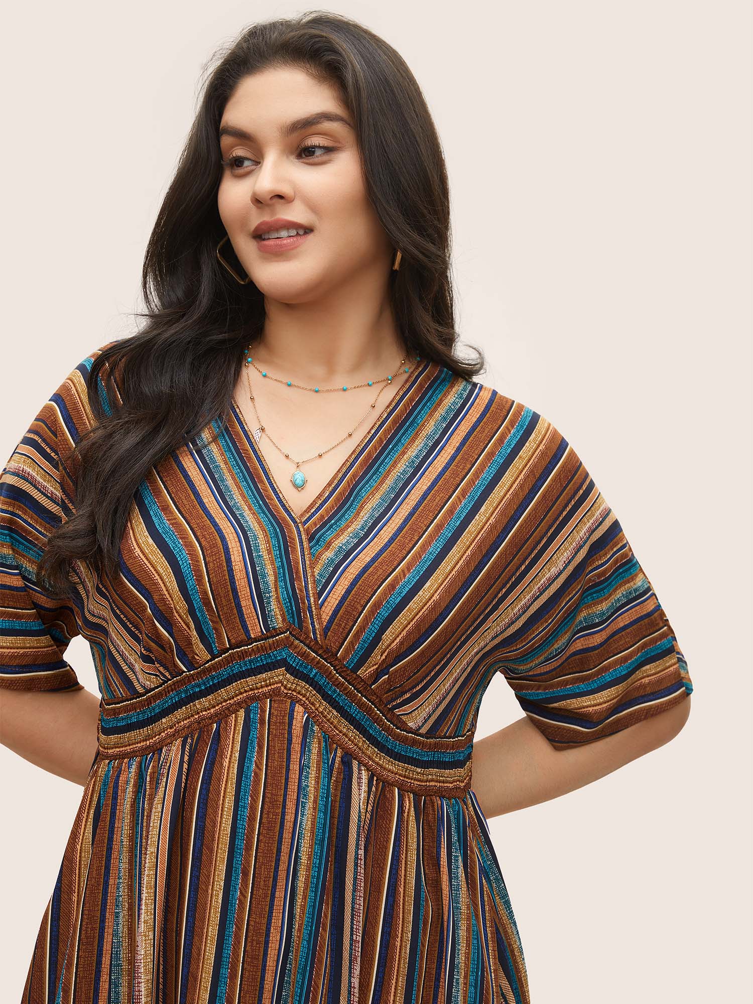 Striped Contrast Dolman Sleeve Shirred Pocket Split Flutter Dress