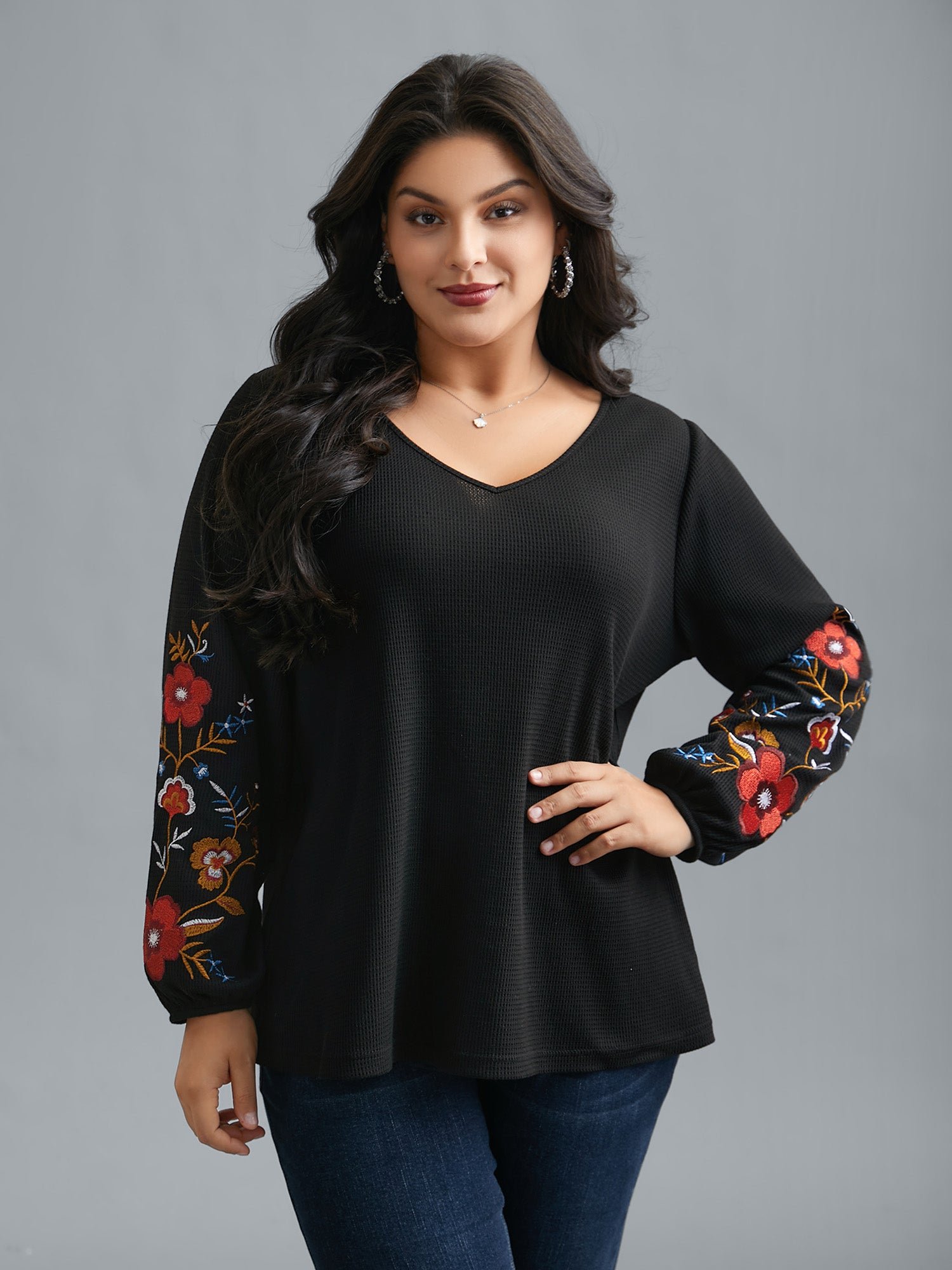 Waffle Knit Floral Embroidered Top