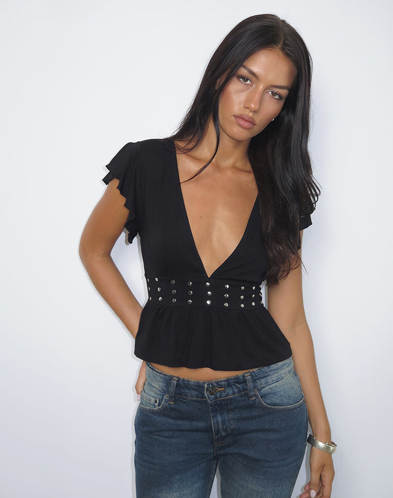 Leisma Frill Top in Jersey Black with Studs