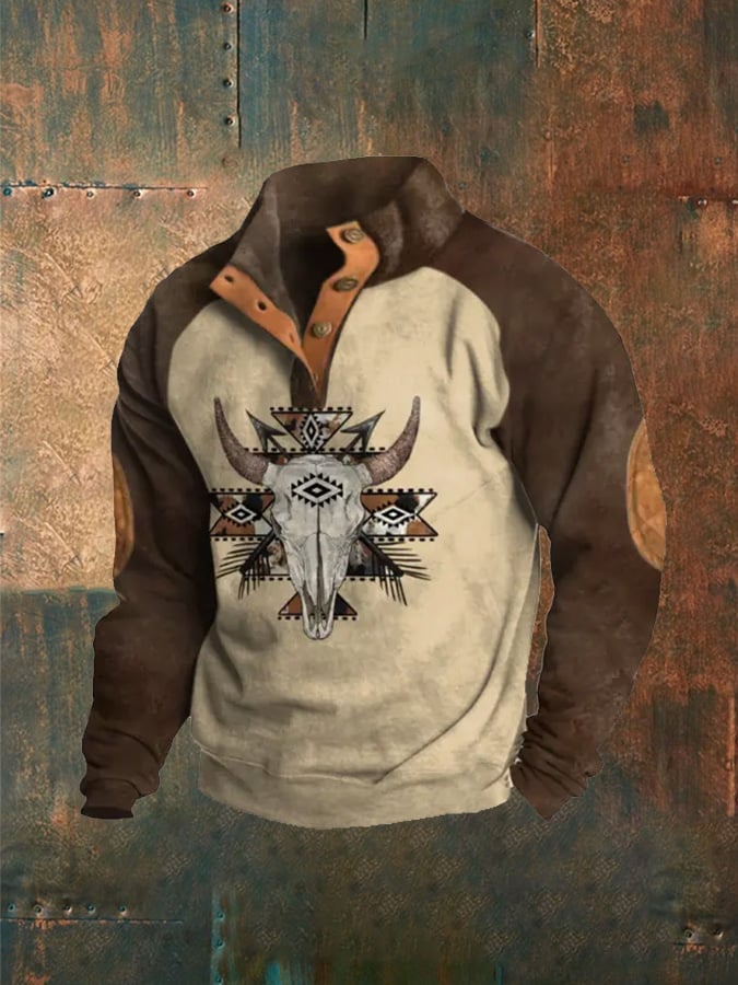 Men'S Western Outdoor Raglan Sleeve Patchwork Printed Button Casual Sweatshirt
