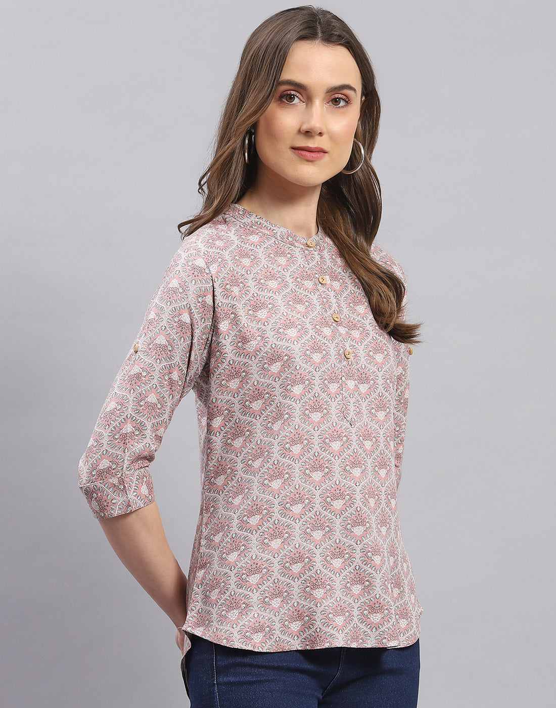 Women Purple Printed Mandarin Collar 3/4 Sleeve Top