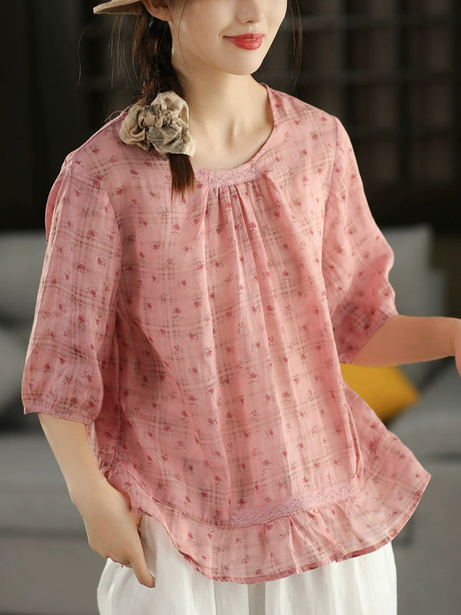 Women Summer Artsy Floral O-Nck 100%Ramie Shirt