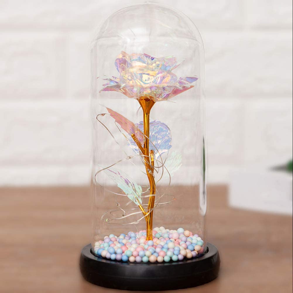 Sprif Galaxy Rose Flowers Forever Enchanted Rose with Colorful LED Light in Glass Dome for Romantic Gifts on Valentine Mothers Day Anniversary (Colorful Beads)