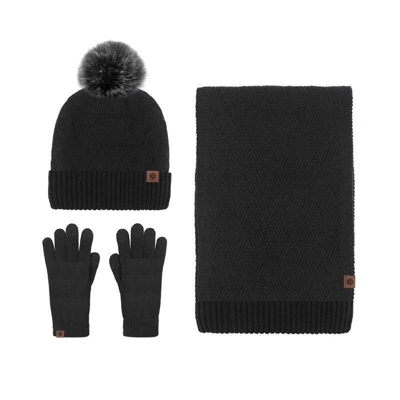Wool Knitted Warm Gloves Hat Scarf Three-piece Suit Winter Windproof Fur Ball Fleece-lined Knitted Hat Three-piece Suit