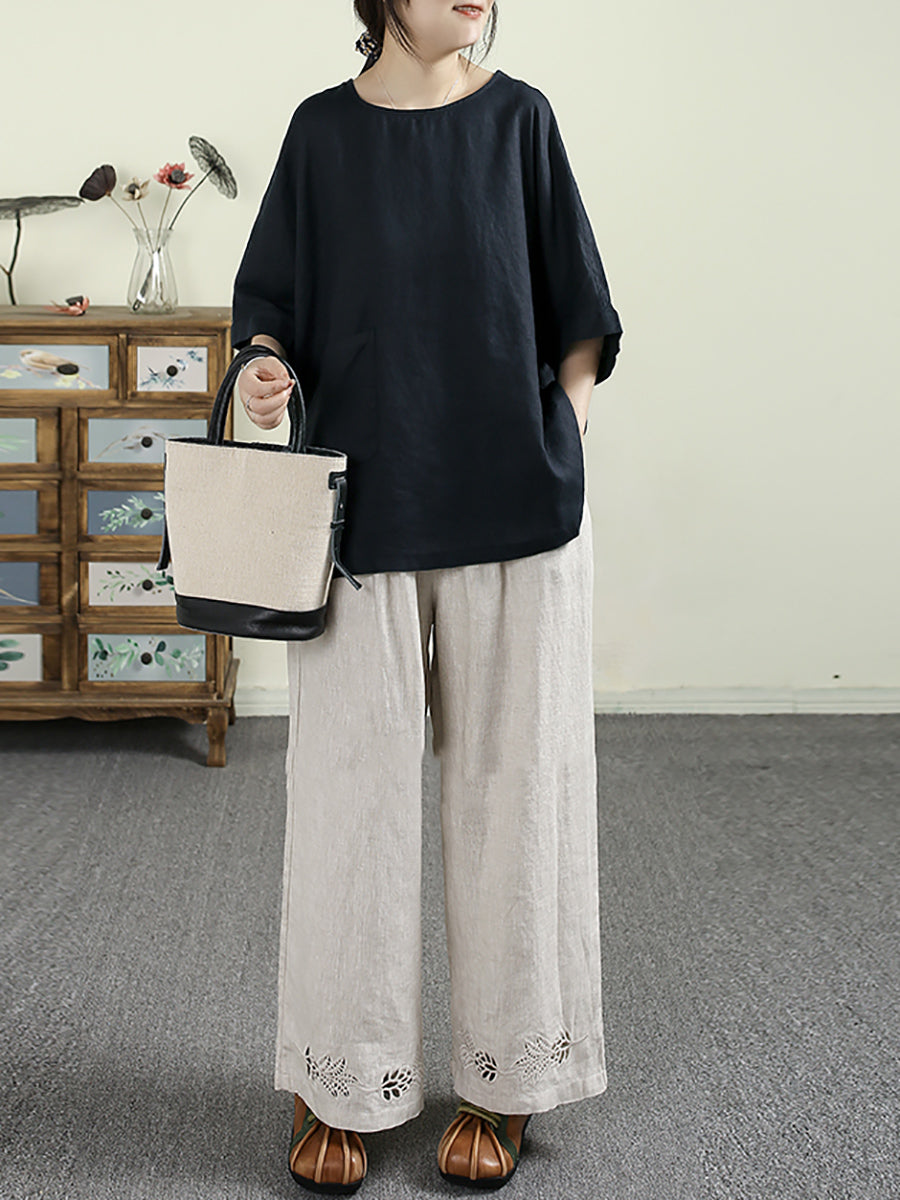 Women Summer Vintage Pure Color O-neck 100%Linen Shirt