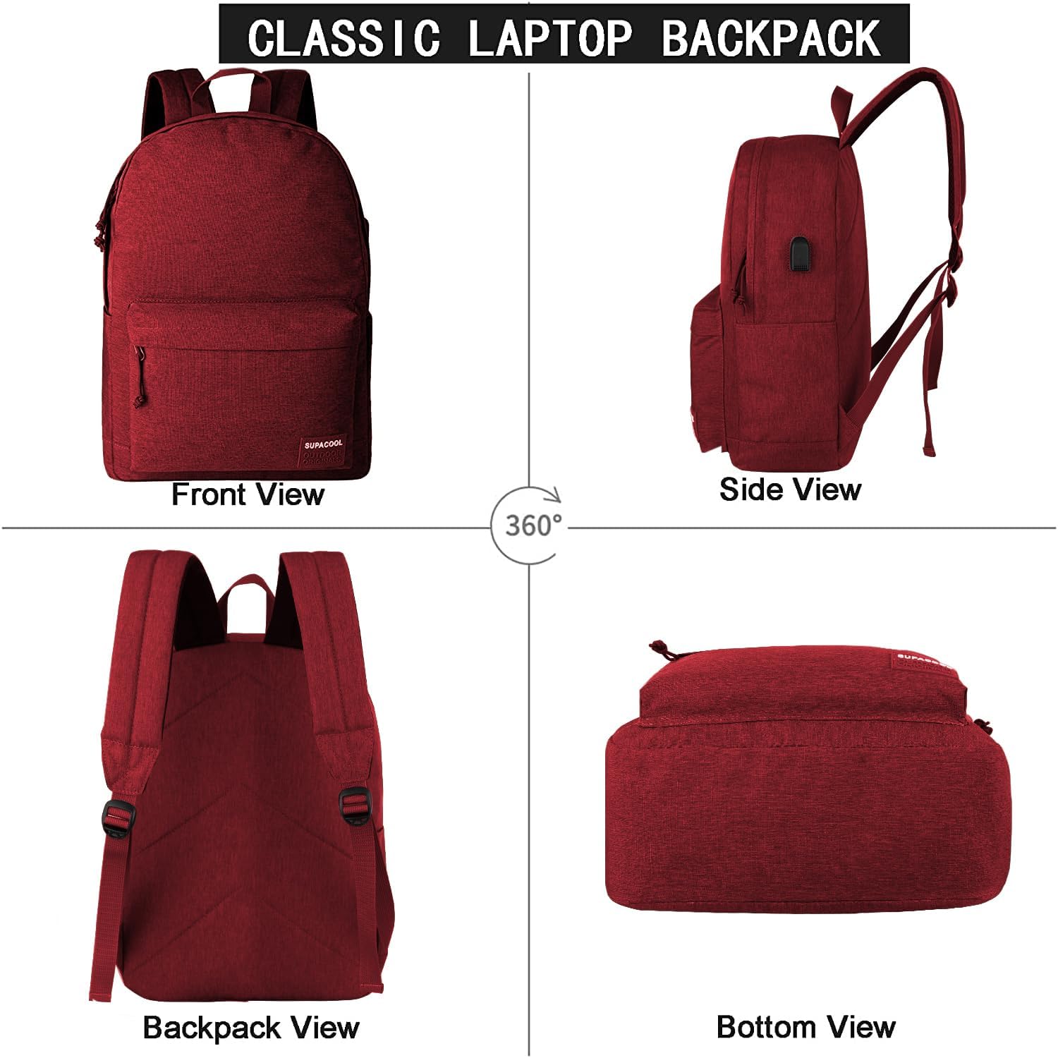 SUPACOOL Casual Laptop Backpack for Men and Women, School Backpack for Boys and Girls, College Bookbag, USB Charging Port, Lightweight Back Pack(Black)