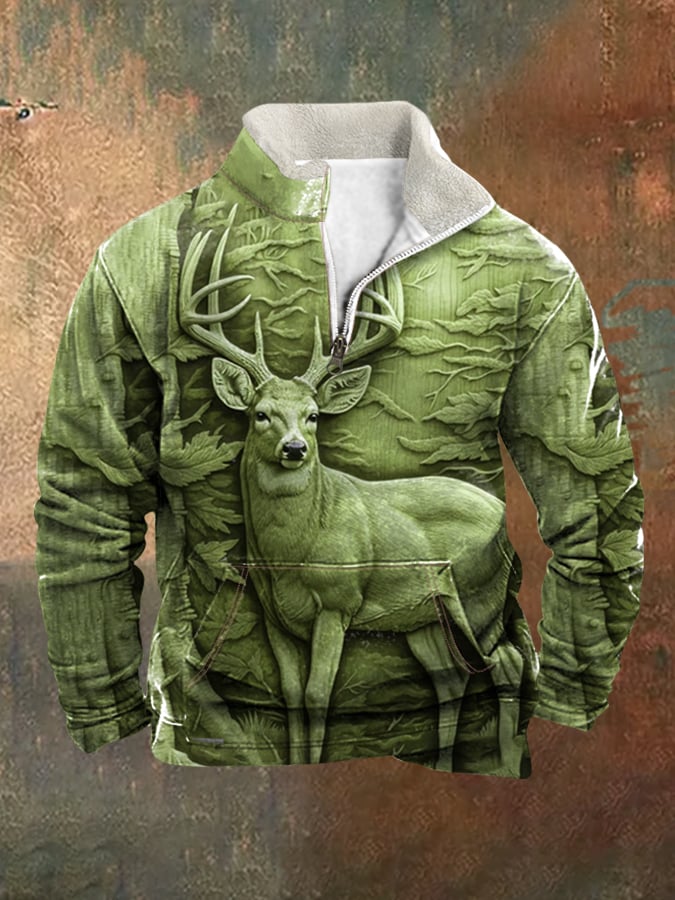 Men's Retro Western Style 3D Deer Print Fur Collar Zipper Sweatshirt