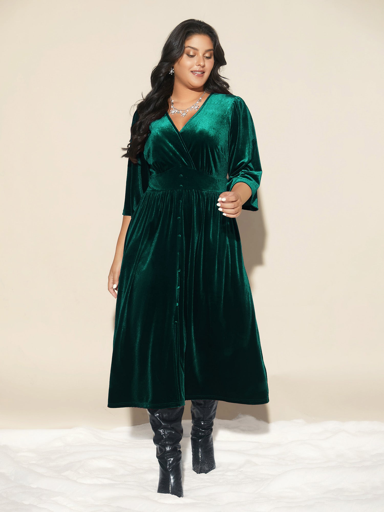 Velvet Ruched Surplice Neckline Midi Dress