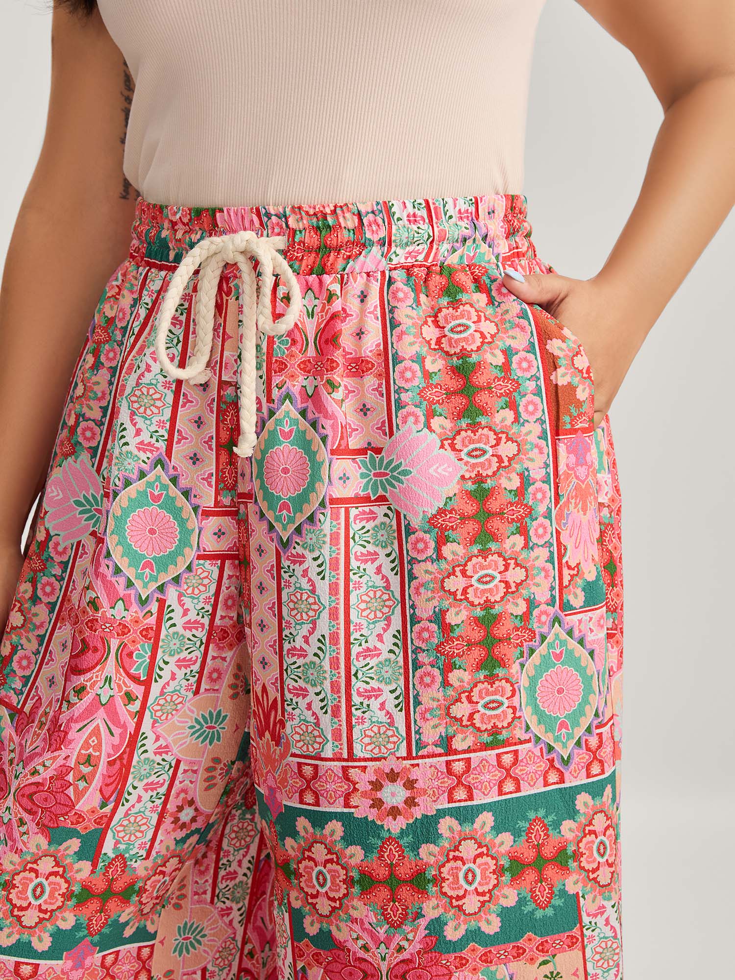 Floral Collage Stretchy Waist Wide-Leg Pants