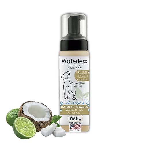 Wahl USA Pet Friendly Waterless No Rinse Shampoo for Animals – Oatmeal & Coconut Lime Verbena for Cleaning. Conditioning. Detangling & Moisturizing Dogs. Cats & Horses – 7.1 Oz - Model 820015A