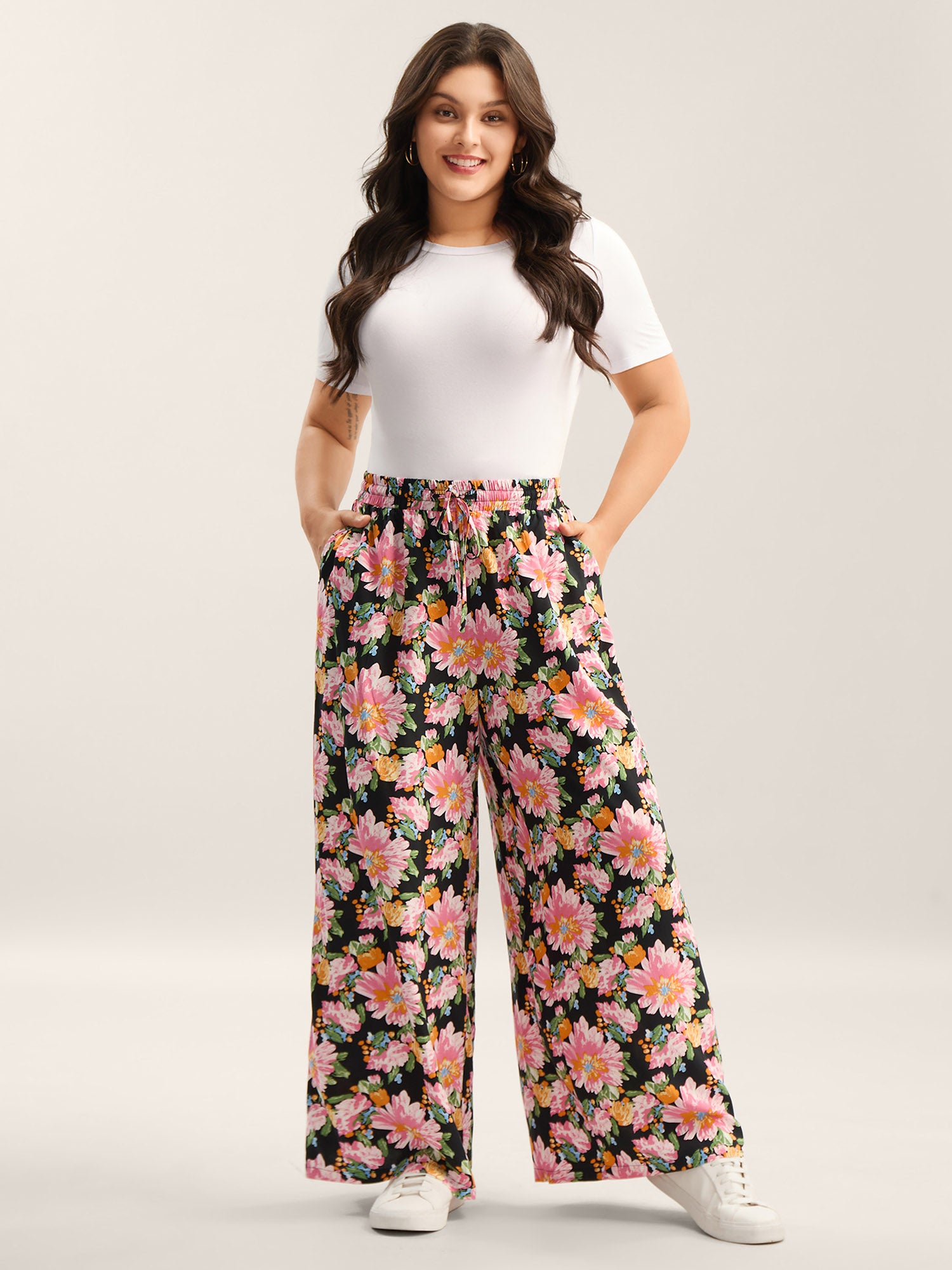Rayon Blushing Floral Print Wide-Leg Pants