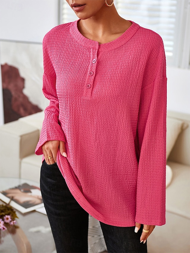 Women's Blouse Solid Color Button Daily Stylish Long Sleeve Crew Neck Rose Pink Spring Fall