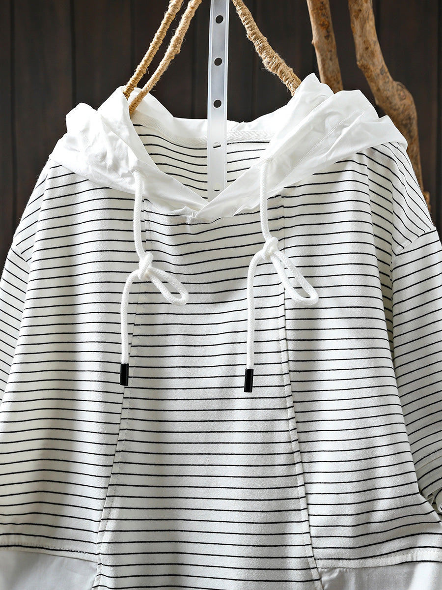 Women Summer Casual Stripe Spliced Hooded Cotton Shirt