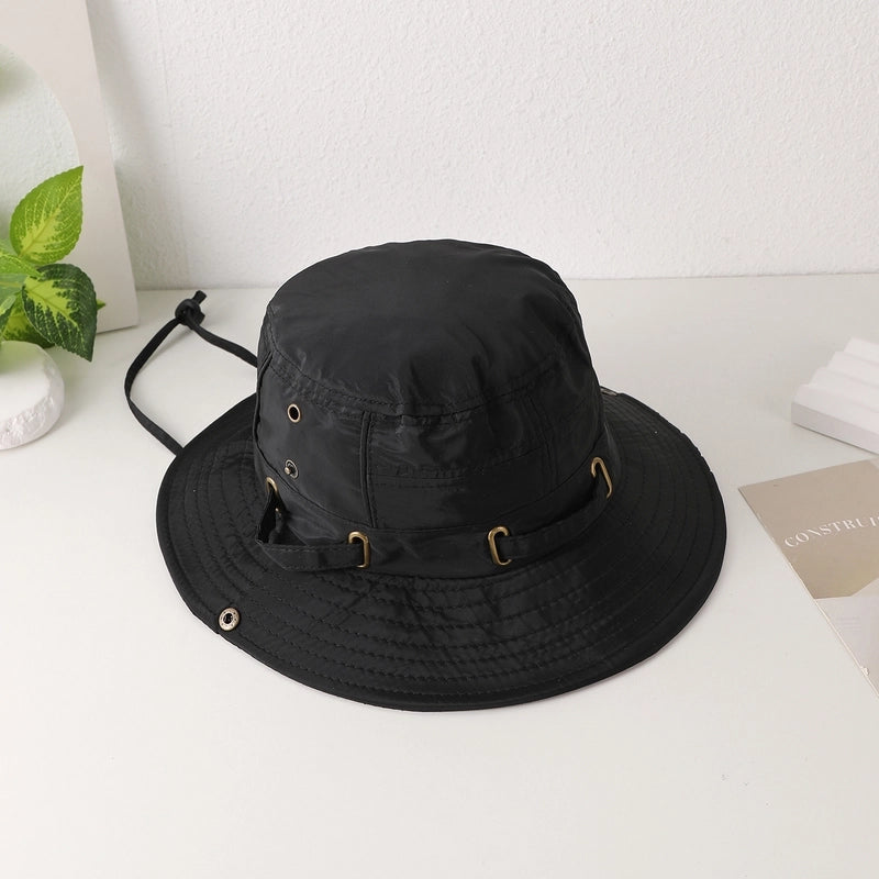 Women's Casual Japanese Style Solid Color Iron Button Wide Eaves Bucket Hat