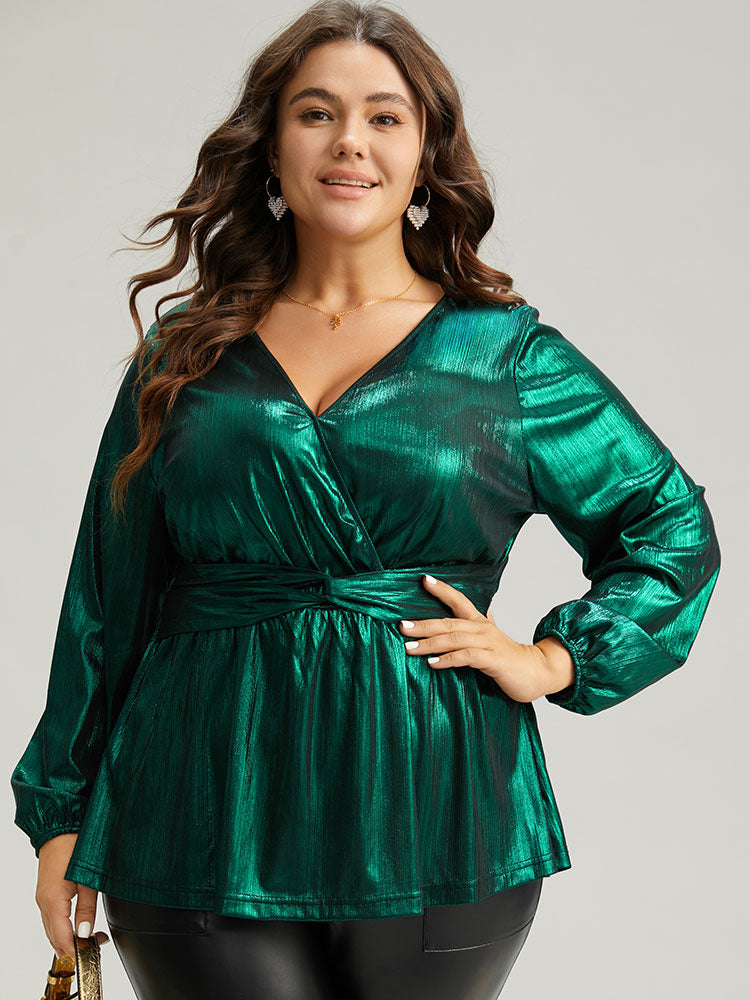 Solid Wrap Twist Front Gathered Blouse