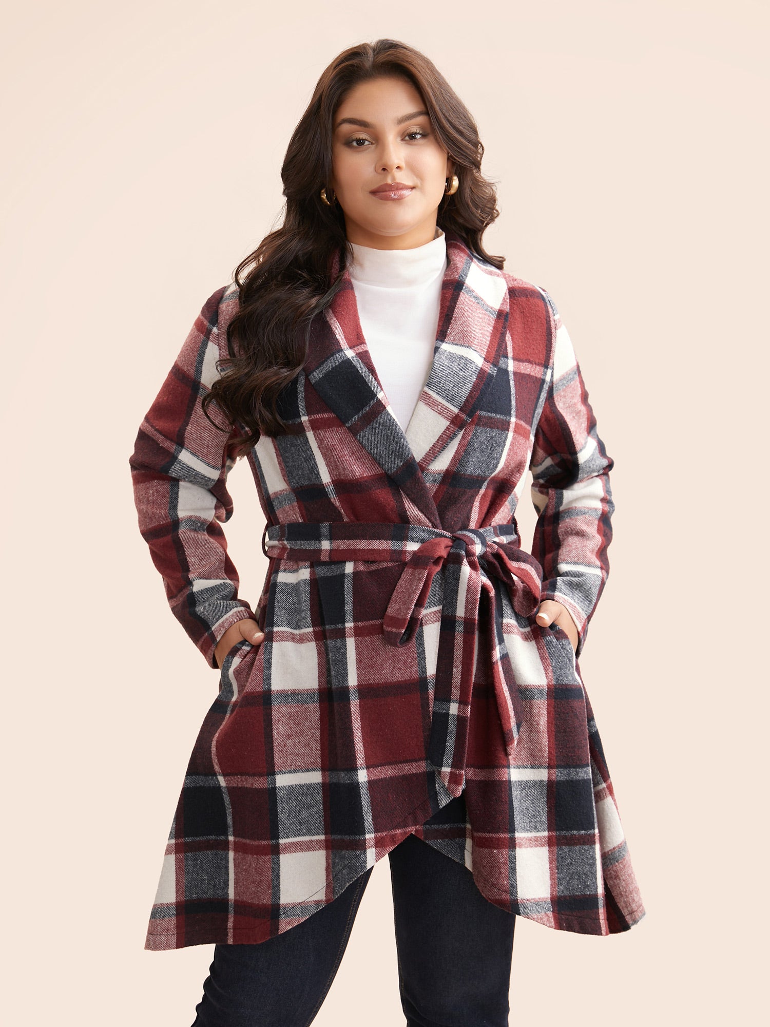 Plaid Asymmetrical Hem Belted Coat