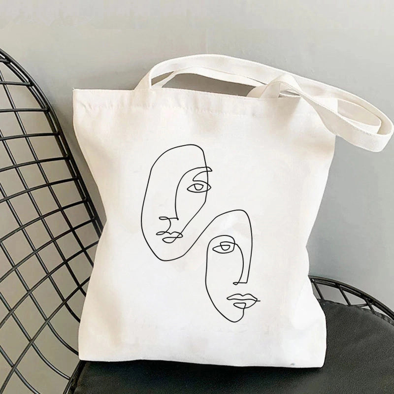 Women's Large Canvas Portrait Letter Flower Streetwear Square Open Shoulder Bag