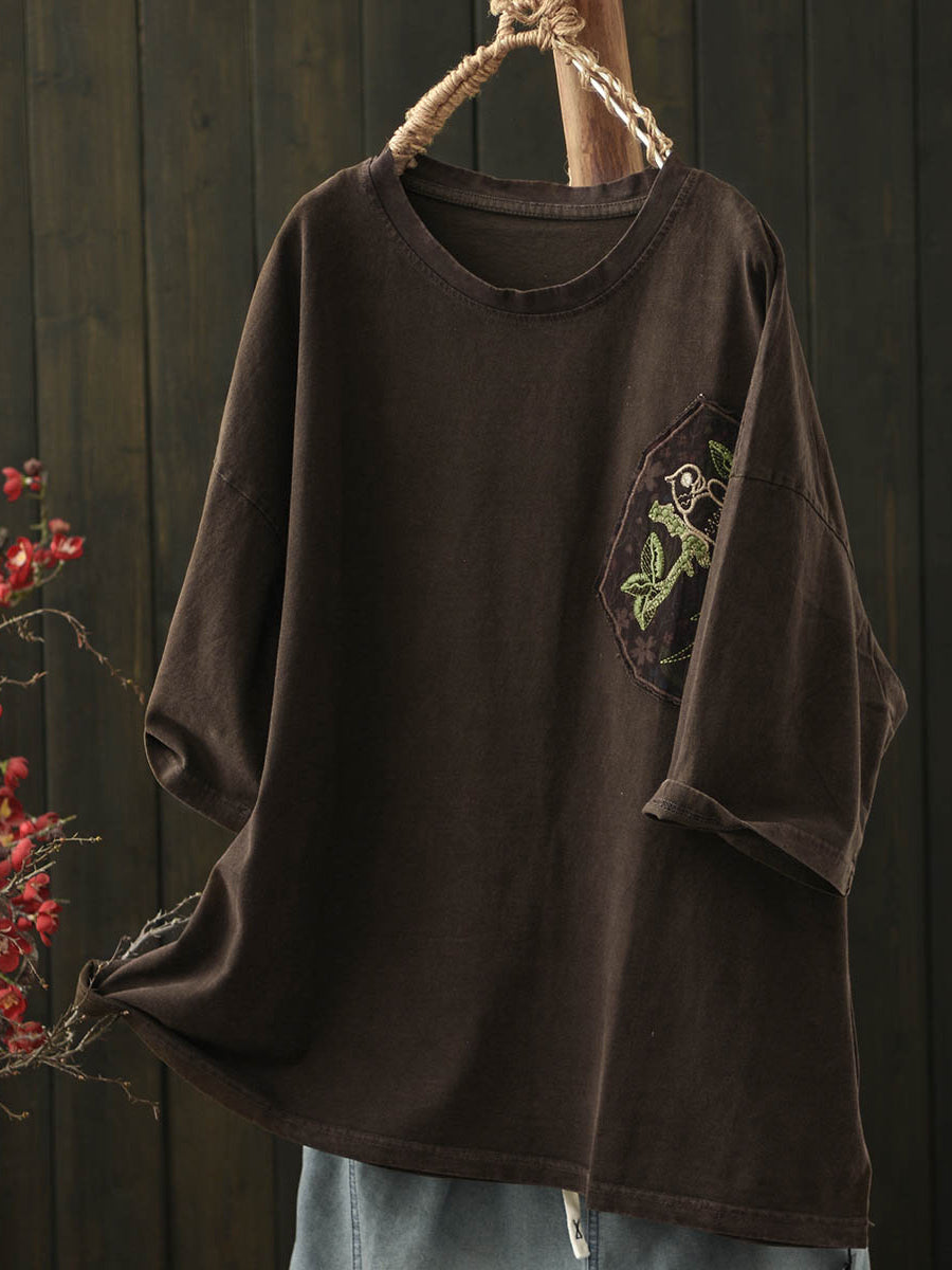 Women Summer Retro Embroidery O-Neck Cotton Shirt
