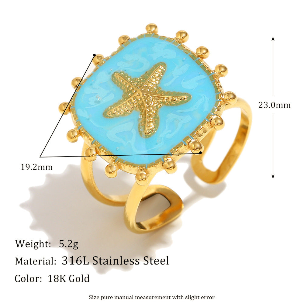 Niche Trend Stainless Steel 18K Gold Plated Cross Line Fishbone Flower Crab Turtle Open Ring