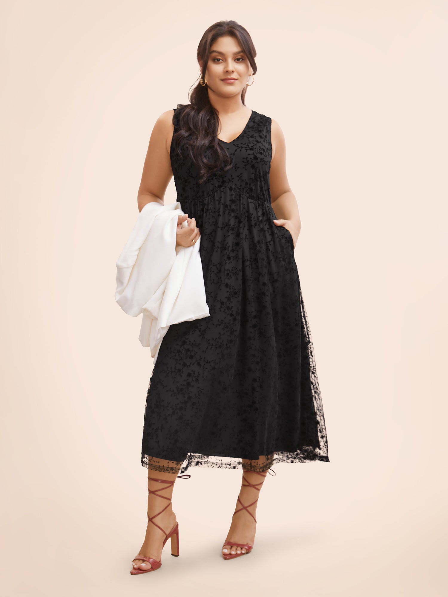 Floral Flocking Mesh Sleeveless Dress