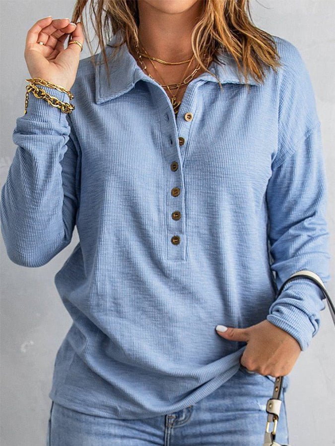 Polo Neck Solid Color Loose Fitting Casual Long Sleeved Knit Shirt