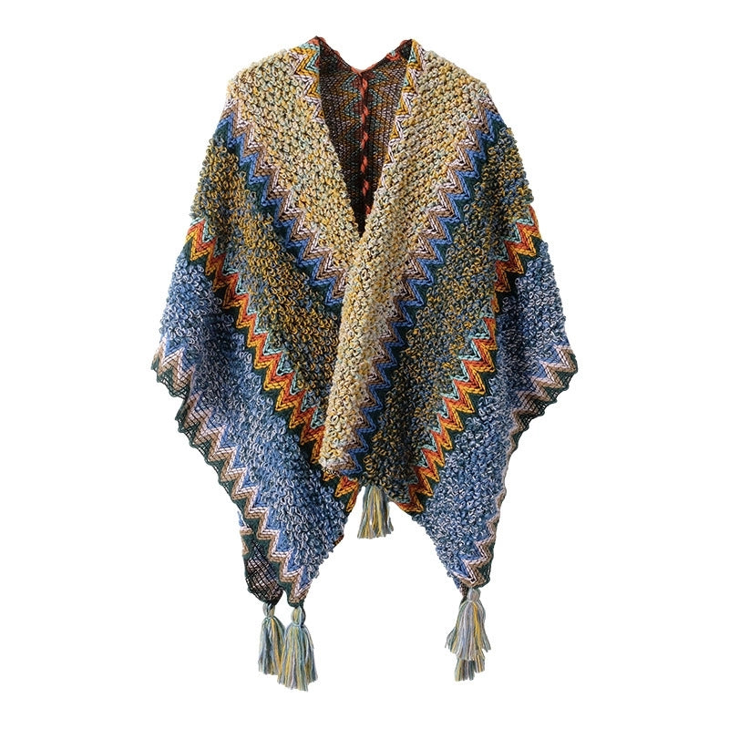Women's Ethnic Style Color Block Blended Tassel Shawl