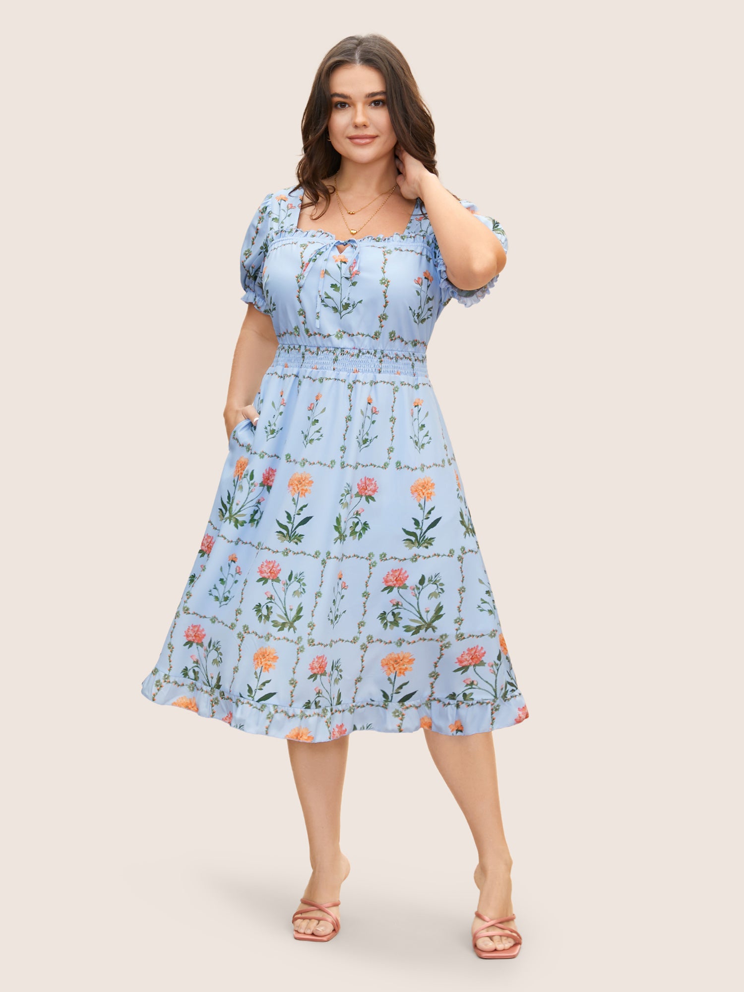 Boho Print Tie Knot Shirred Lantern Sleeve Dress